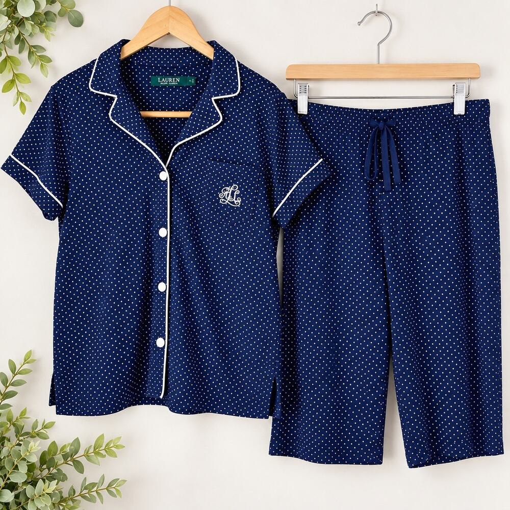 Lauren Ralph Lauren Womens Blue Polka Dot L Pajama Set Cropped Pants Preppy